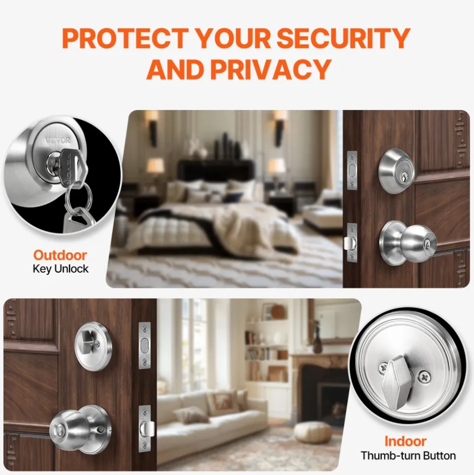 VEVOR Door Knob and Deadbolt Set, Satin Nickel Entry Door Knob and Single Cylinder Deadbolt Combo Pack, Fit for 1-3/8" to 1-3/4" Door Thickness, Door Lockset with Deadbolt for Entrance and Front Door