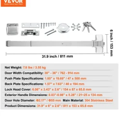 VEVOR Door Push Bar Panic Exit Device, 31” Stainless Steel Commercial Emergency Exit Door Push Bar with Exterior Lever and 3 Keys, Emergency Exit Door Hardware for 30