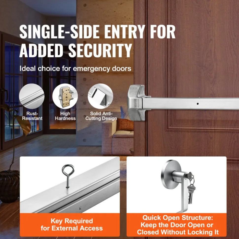 VEVOR Door Push Bar Panic Exit Device, 31” Stainless Steel Commercial Emergency Exit Door Push Bar with Exterior Lever and 3 Keys, Emergency Exit Door Hardware for 30"-36" Metal Wood Door