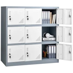 VEVOR 9 Doors Metal Locker, Lockable Steel Storage Cabinet, 66 lbs Loading Capacity, 2 Keys for Each Door, 3 Tiers Employee Lockers for Office, School, Gym, Easy Assembly, 35.4 x 17.7 x 37 in, Gray