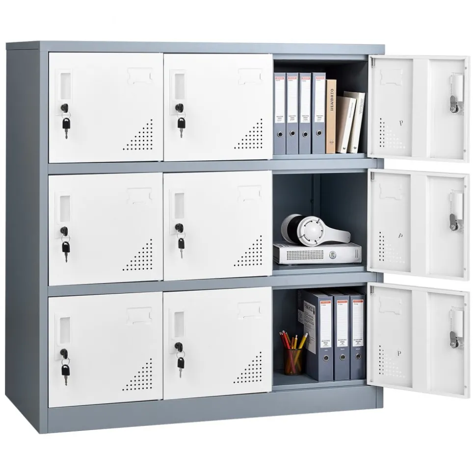 VEVOR 9 Doors Metal Locker, Lockable Steel Storage Cabinet, 66 lbs Loading Capacity, 2 Keys for Each Door, 3 Tiers Employee Lockers for Office, School, Gym, Easy Assembly, 35.4 x 17.7 x 37 in, Gray