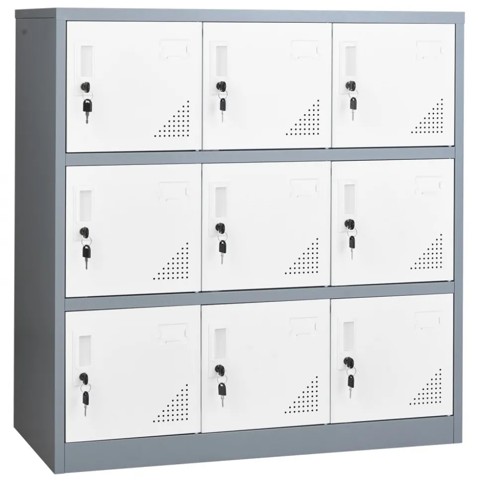 VEVOR 9 Doors Metal Locker, Lockable Steel Storage Cabinet, 66 lbs Loading Capacity, 2 Keys for Each Door, 3 Tiers Employee Lockers for Office, School, Gym, Easy Assembly, 35.4 x 17.7 x 37 in, Gray