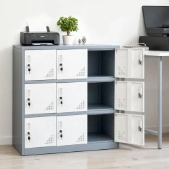 VEVOR 9 Doors Metal Locker, Lockable Steel Storage Cabinet, 66 lbs Loading Capacity, 2 Keys for Each Door, 3 Tiers Employee Lockers for Office, School, Gym, Easy Assembly, 35.4 x 17.7 x 37 in, Gray