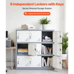 VEVOR 9 Doors Metal Locker, Lockable Steel Storage Cabinet, 66 lbs Loading Capacity, 2 Keys for Each Door, 3 Tiers Employee Lockers for Office, School, Gym, Easy Assembly, 35.4 x 17.7 x 37 in, Gray