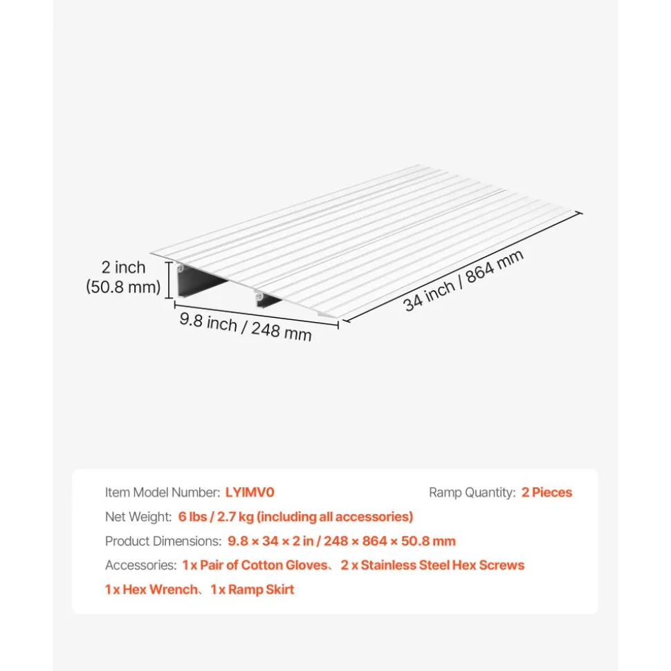 VEVOR Door Threshold Ramp, 2 inch Rise, Aluminum Alloy Threshold Ramp Rated 800 lbs Load Capacity, Handicap Ramps for Home Steps for Wheelchair, Scooters, Power Chairs, Walkers, Bicycle, Tricycle
