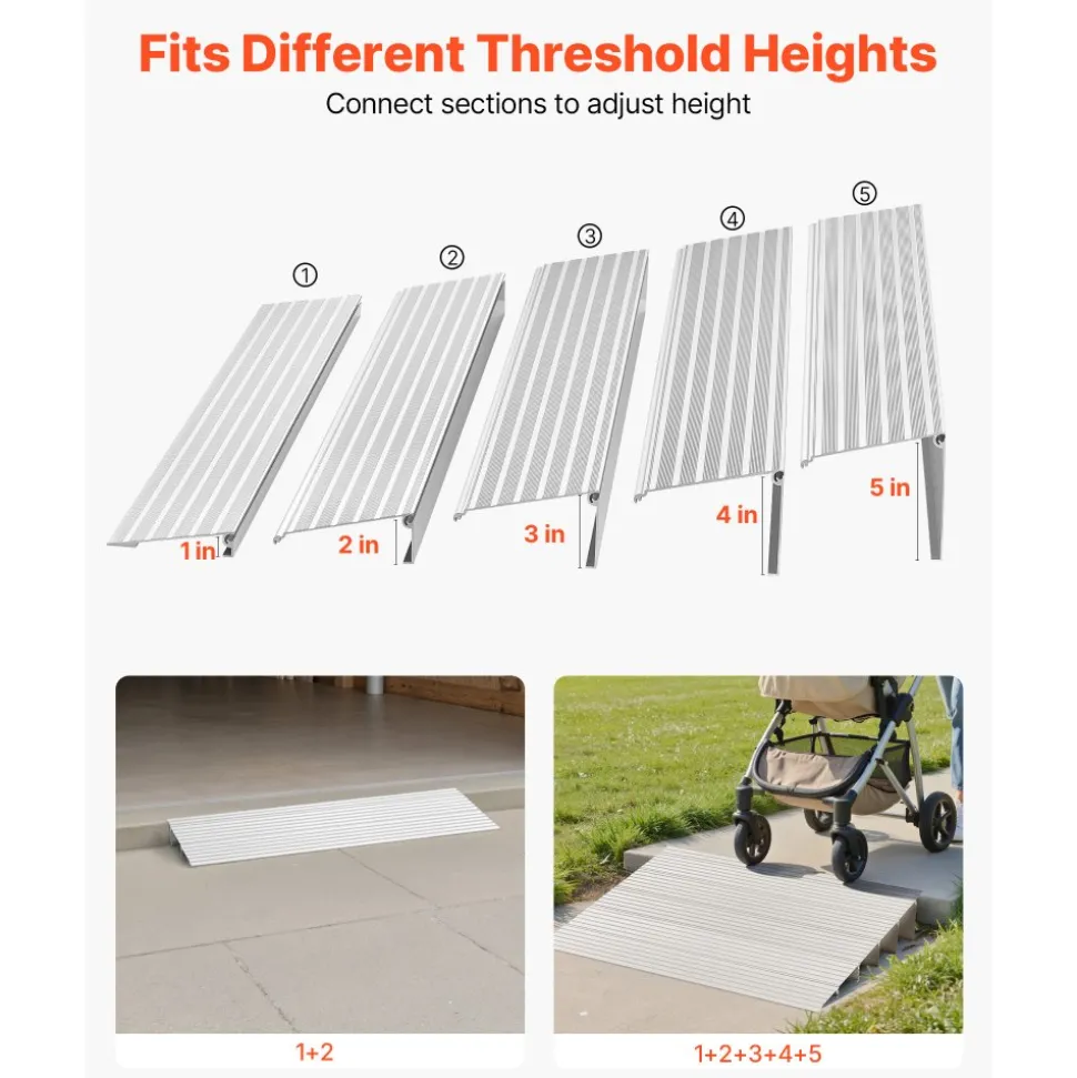 VEVOR Door Threshold Ramp, 5 inch Rise, Aluminum Alloy Threshold Ramp Rated 800 lbs Load Capacity, Handicap Ramps for Home Steps for Wheelchair, Scooters, Power Chairs, Walkers, Bicycle, Tricycle