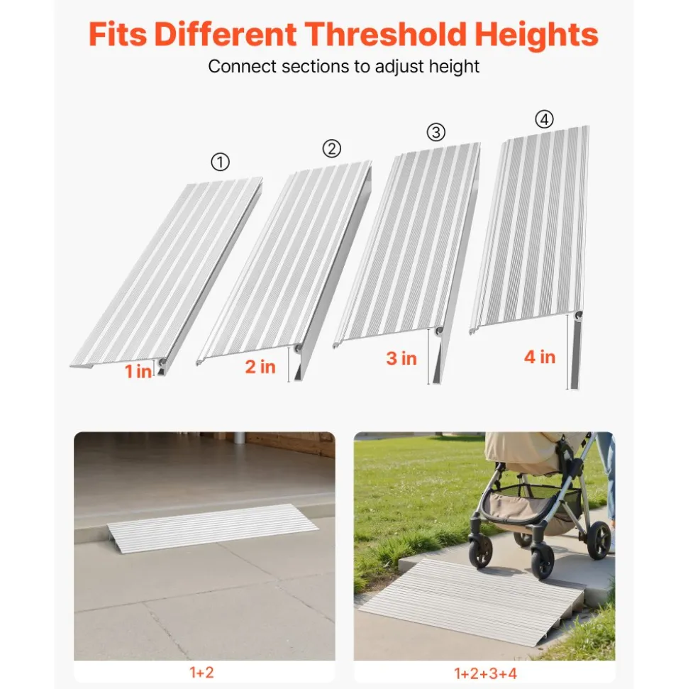 VEVOR Door Threshold Ramp, 4 inch Rise, Aluminum Alloy Threshold Ramp Rated 800 lbs Load Capacity, Handicap Ramps for Home Steps for Wheelchair, Scooters, Power Chairs, Walkers, Bicycle, Tricycle