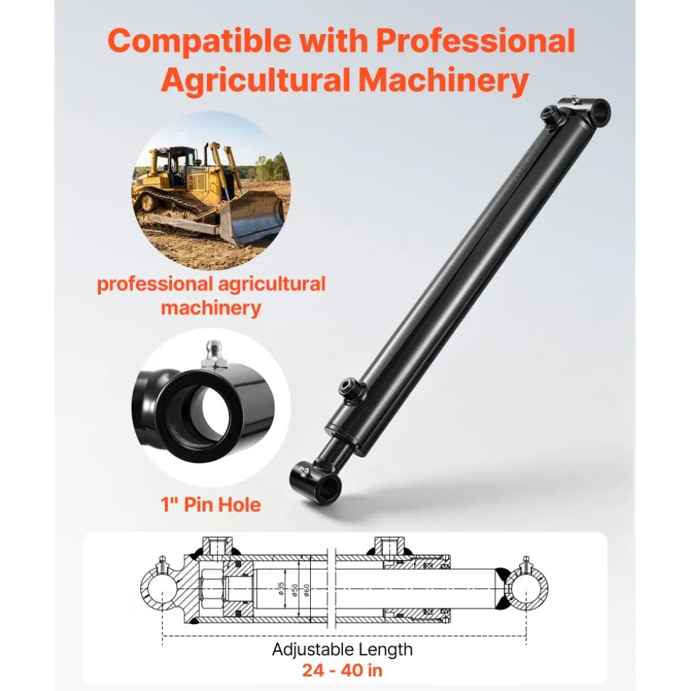 VEVOR Double Acting Hydraulic Cylinder, 2" Bore x 16" Stroke, Max 3500PSI Hydraulic Cylinder, Heavy-Duty Welded Cross Tube Cylinders with 1" Pin Hole & SAE #6 Port for Agricultural Machinery, Tractors