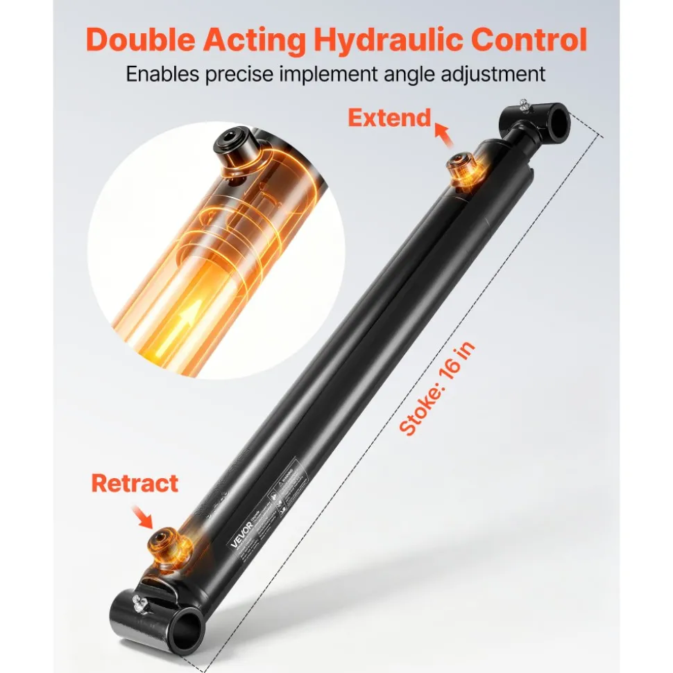 VEVOR Double Acting Hydraulic Cylinder, 2" Bore x 16" Stroke, Max 3500PSI Hydraulic Cylinder, Heavy-Duty Welded Cross Tube Cylinders with 1" Pin Hole & SAE #6 Port for Agricultural Machinery, Tractors