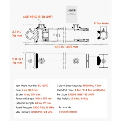 VEVOR Double Acting Hydraulic Cylinder, 2" Bore x 10" Stroke, Max 3500PSI Hydraulic Cylinder, Heavy-Duty Welded Cross Tube Cylinders with 1" Pin Hole & SAE #6 Port for Agricultural Machinery, Tractors