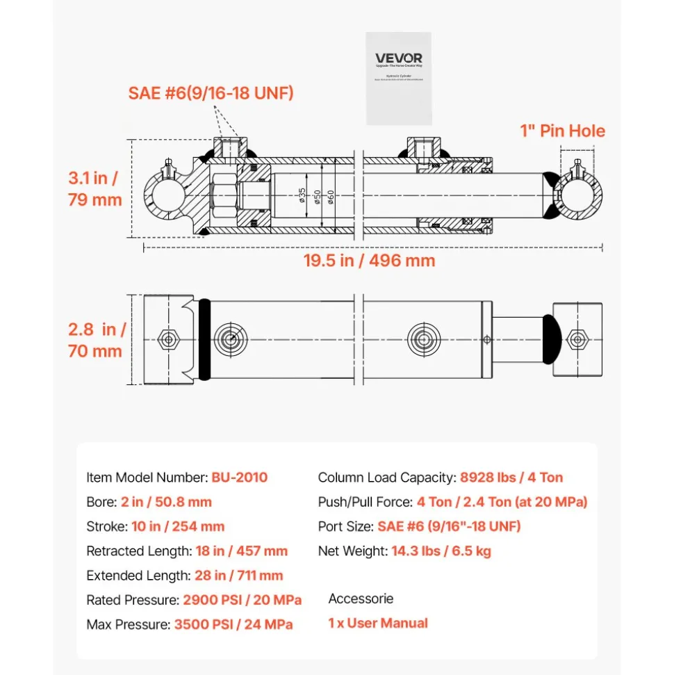 VEVOR Double Acting Hydraulic Cylinder, 2" Bore x 10" Stroke, Max 3500PSI Hydraulic Cylinder, Heavy-Duty Welded Cross Tube Cylinders with 1" Pin Hole & SAE #6 Port for Agricultural Machinery, Tractors
