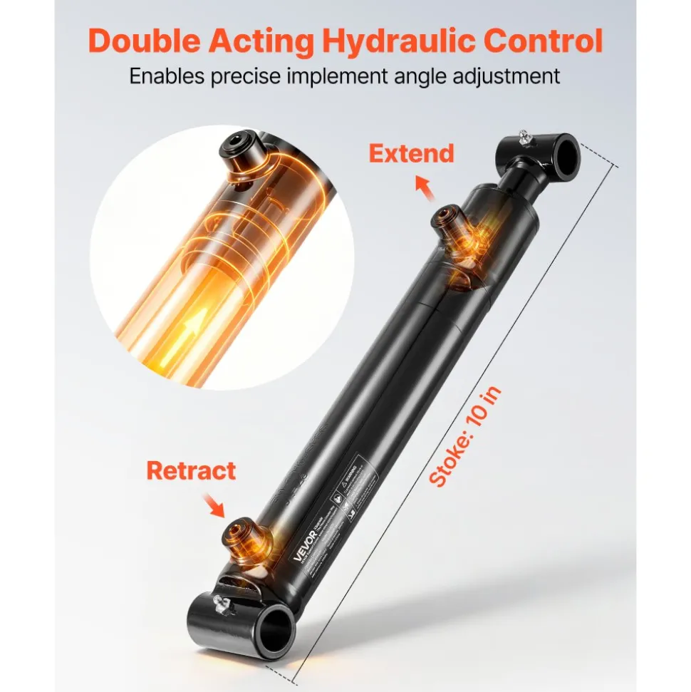 VEVOR Double Acting Hydraulic Cylinder, 2" Bore x 10" Stroke, Max 3500PSI Hydraulic Cylinder, Heavy-Duty Welded Cross Tube Cylinders with 1" Pin Hole & SAE #6 Port for Agricultural Machinery, Tractors