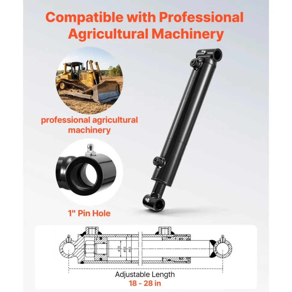 VEVOR Double Acting Hydraulic Cylinder, 2" Bore x 10" Stroke, Max 3500PSI Hydraulic Cylinder, Heavy-Duty Welded Cross Tube Cylinders with 1" Pin Hole & SAE #6 Port for Agricultural Machinery, Tractors