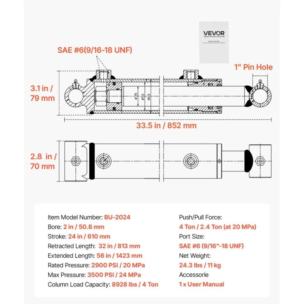 VEVOR Double Acting Hydraulic Cylinder, 2" Bore x 24" Stroke, Max 3500PSI Hydraulic Cylinder, Heavy-Duty Welded Cross Tube Cylinders with 1" Pin Hole & SAE #6 Port for Agricultural Machinery, Tractors