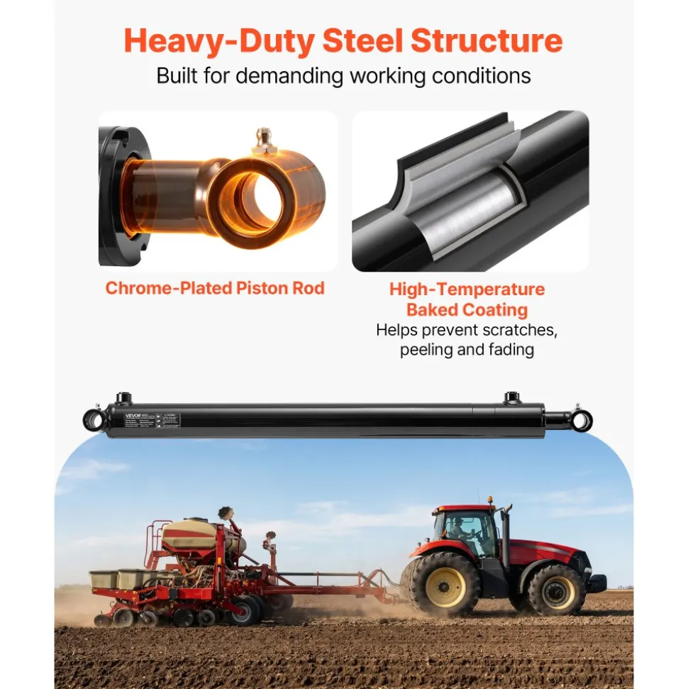 VEVOR Double Acting Hydraulic Cylinder, 2" Bore x 24" Stroke, Max 3500PSI Hydraulic Cylinder, Heavy-Duty Welded Cross Tube Cylinders with 1" Pin Hole & SAE #6 Port for Agricultural Machinery, Tractors