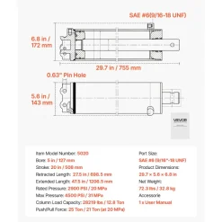 VEVOR Double Acting Hydraulic Cylinder, 5