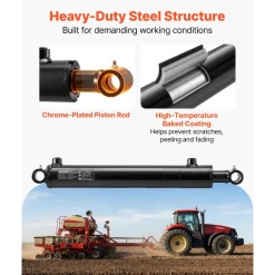 VEVOR Double Acting Hydraulic Cylinder, 2" Bore x 12" Stroke, Max 3500PSI Hydraulic Cylinder, Heavy-Duty Welded Cross Tube Cylinders with 1" Pin Hole & SAE #6 Port for Agricultural Machinery, Tractors