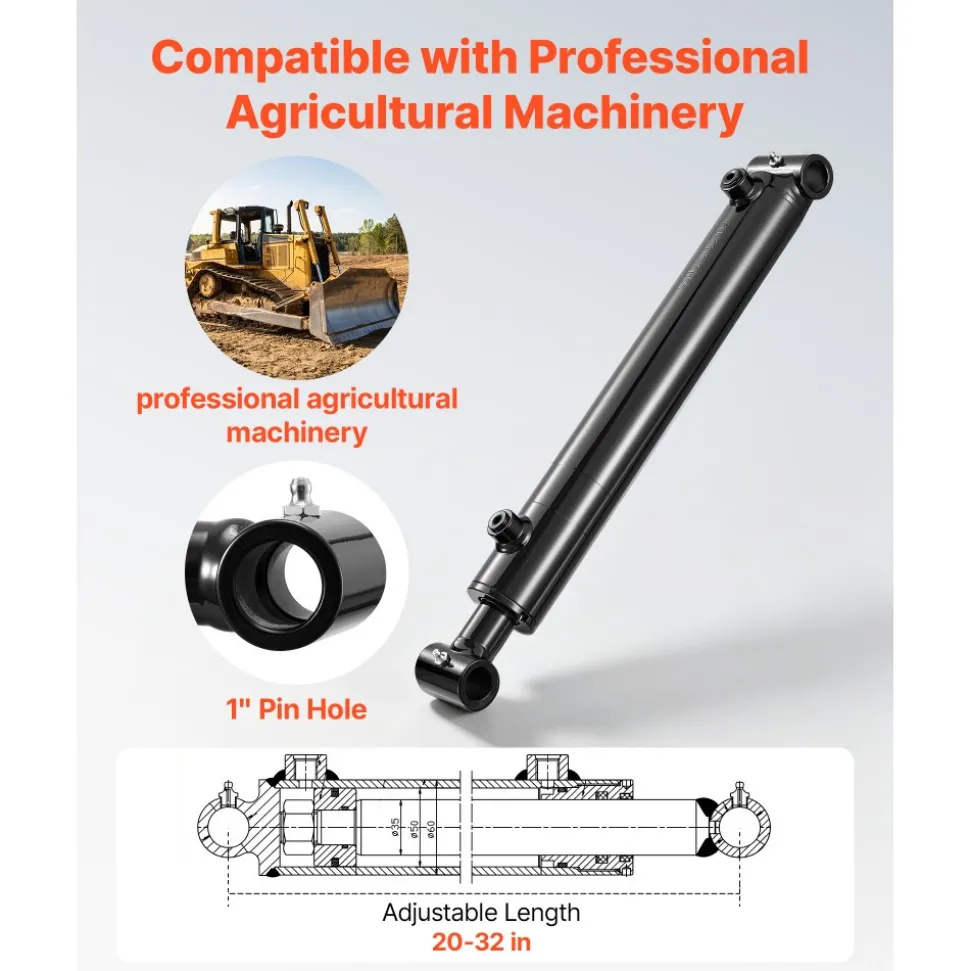 VEVOR Double Acting Hydraulic Cylinder, 2" Bore x 12" Stroke, Max 3500PSI Hydraulic Cylinder, Heavy-Duty Welded Cross Tube Cylinders with 1" Pin Hole & SAE #6 Port for Agricultural Machinery, Tractors