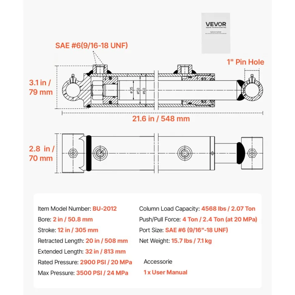 VEVOR Double Acting Hydraulic Cylinder, 2" Bore x 12" Stroke, Max 3500PSI Hydraulic Cylinder, Heavy-Duty Welded Cross Tube Cylinders with 1" Pin Hole & SAE #6 Port for Agricultural Machinery, Tractors