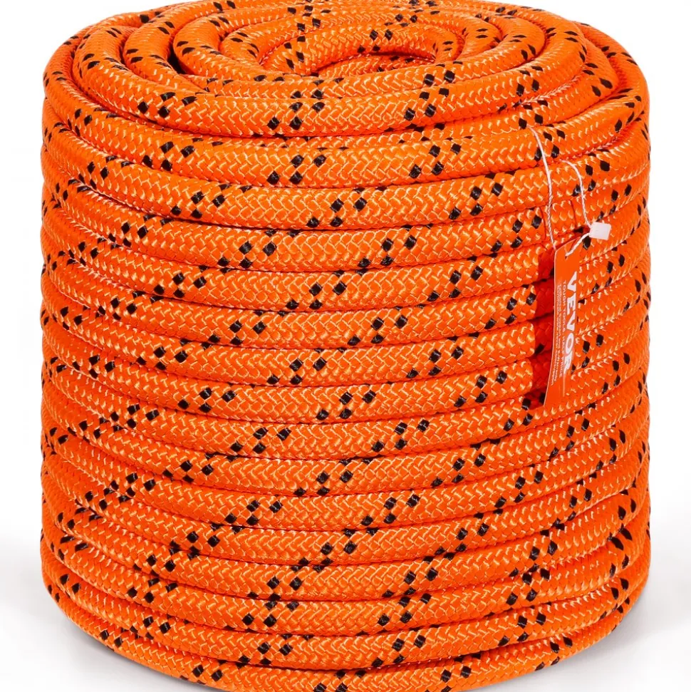 VEVOR Double Braided Polyester Rope, 3/4 in x 220 ft, 24 Strands, 12700 LBS Breaking Strength Outdoor Rope, Arborist Rigging Rope for Rock Hiking Camping Swing Rappelling Rescue, Orange/Black
