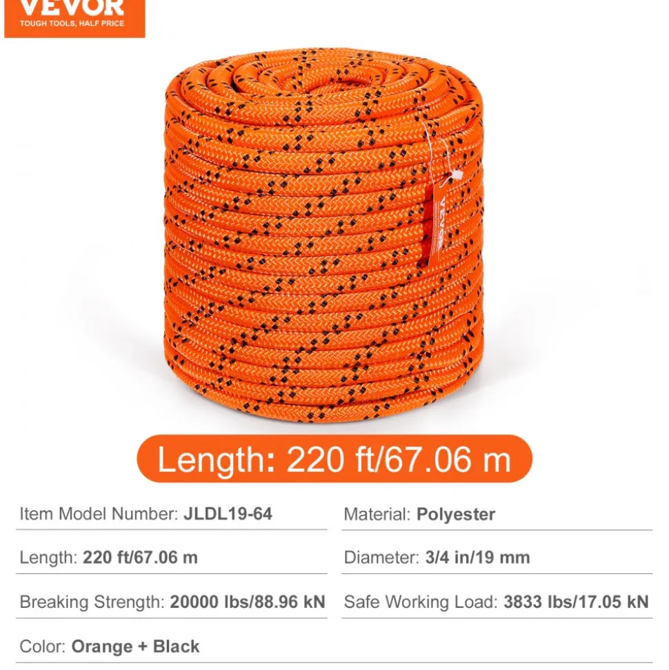 VEVOR Double Braided Polyester Rope, 3/4 in x 220 ft, 24 Strands, 12700 LBS Breaking Strength Outdoor Rope, Arborist Rigging Rope for Rock Hiking Camping Swing Rappelling Rescue, Orange/Black