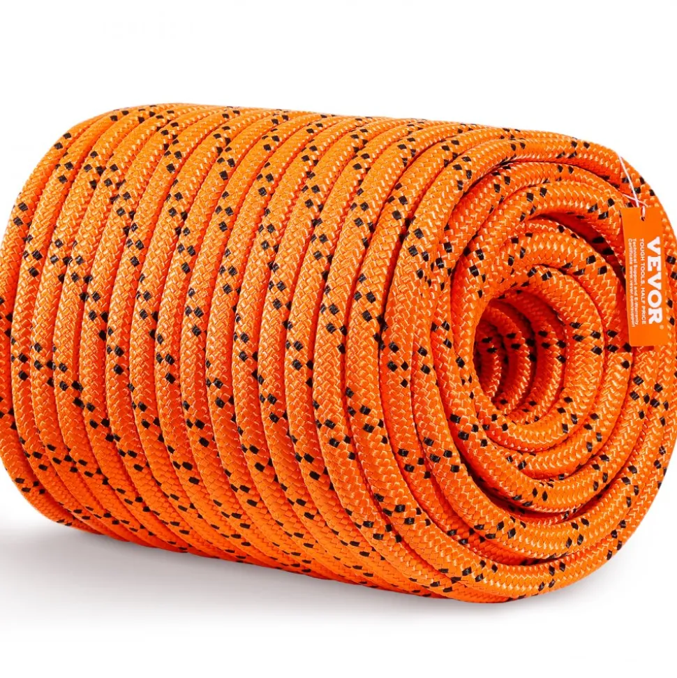 VEVOR Double Braided Polyester Rope, 3/4 in x 220 ft, 24 Strands, 12700 LBS Breaking Strength Outdoor Rope, Arborist Rigging Rope for Rock Hiking Camping Swing Rappelling Rescue, Orange/Black