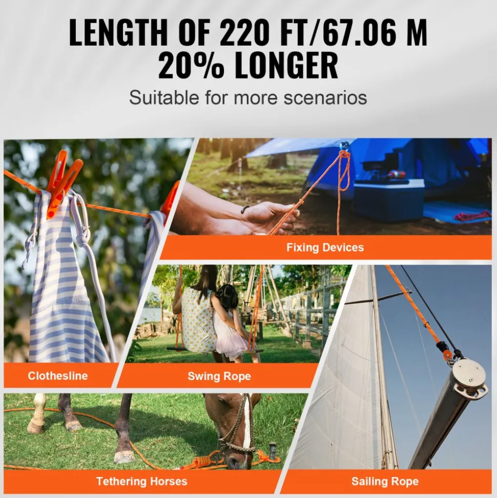 VEVOR Double Braided Polyester Rope, 3/4 in x 220 ft, 24 Strands, 12700 LBS Breaking Strength Outdoor Rope, Arborist Rigging Rope for Rock Hiking Camping Swing Rappelling Rescue, Orange/Black