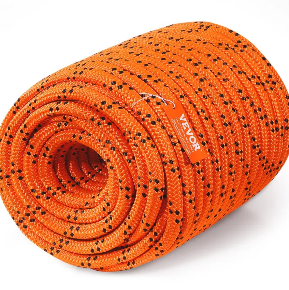 VEVOR Double Braided Polyester Rope, 3/4 in x 220 ft, 24 Strands, 12700 LBS Breaking Strength Outdoor Rope, Arborist Rigging Rope for Rock Hiking Camping Swing Rappelling Rescue, Orange/Black