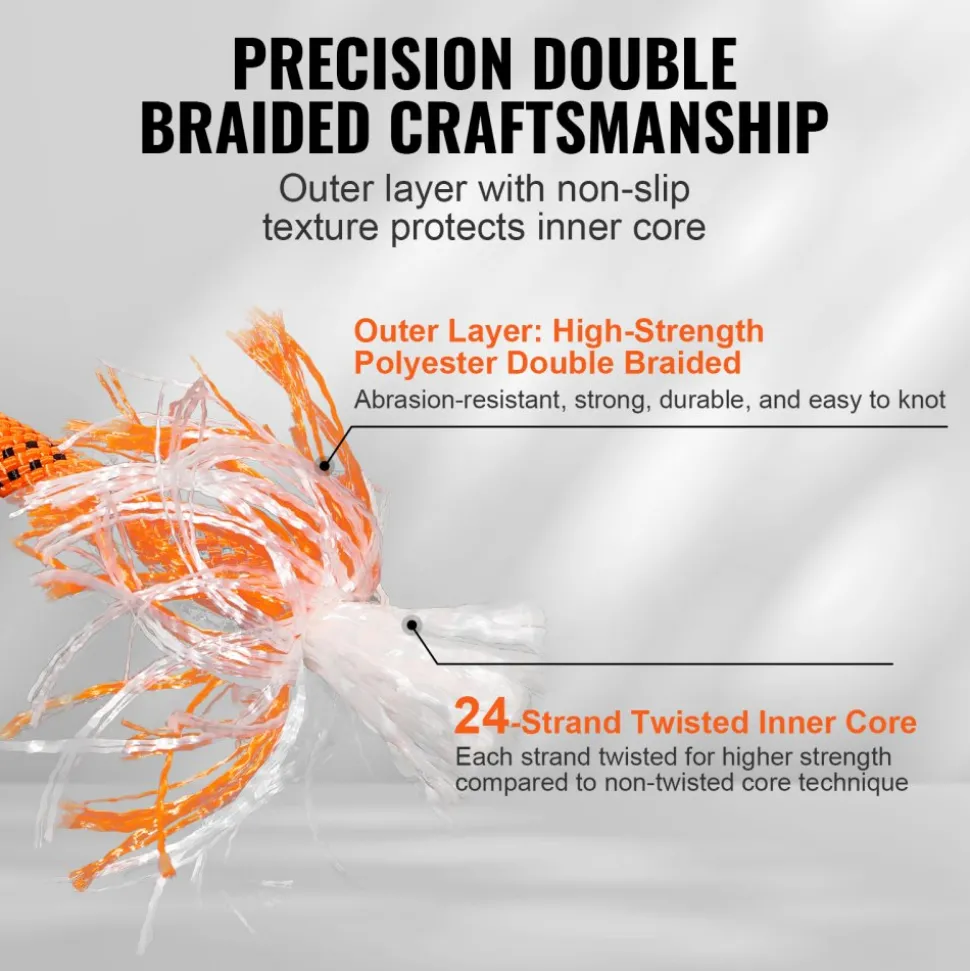 VEVOR Double Braided Polyester Rope, 3/4 in x 220 ft, 24 Strands, 12700 LBS Breaking Strength Outdoor Rope, Arborist Rigging Rope for Rock Hiking Camping Swing Rappelling Rescue, Orange/Black