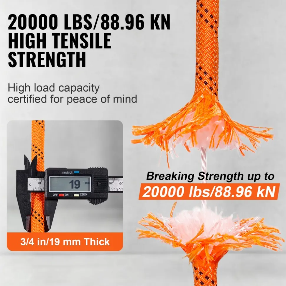 VEVOR Double Braided Polyester Rope, 3/4 in x 220 ft, 24 Strands, 12700 LBS Breaking Strength Outdoor Rope, Arborist Rigging Rope for Rock Hiking Camping Swing Rappelling Rescue, Orange/Black