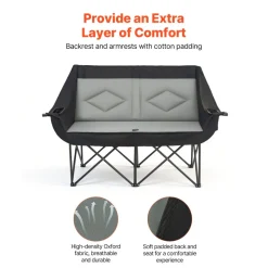 VEVOR Double Camping Chair, Oversized Two Person Camp Chair with 660 lbs Heavy Duty Support, with Dual Cup Holders, Wine Glass Holders, Magazine Straps, Carry Bags for Outdoor, Beach, 1 Pack