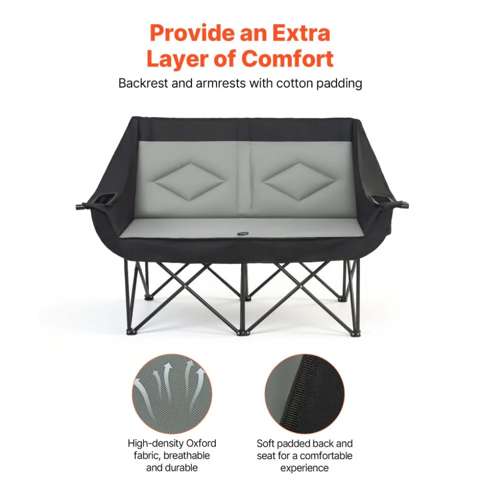 VEVOR Double Camping Chair, Oversized Two Person Camp Chair with 660 lbs Heavy Duty Support, with Dual Cup Holders, Wine Glass Holders, Magazine Straps, Carry Bags for Outdoor, Beach, 1 Pack