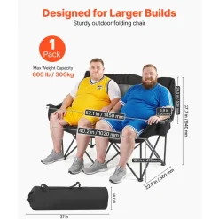 VEVOR Double Camping Chair, Oversized Two Person Camp Chair with 660 lbs Heavy Duty Support, with Dual Cup Holders, Wine Glass Holders, Magazine Straps, Carry Bags for Outdoor, Beach, 1 Pack