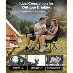 VEVOR Double Camping Chair, Oversized Two Person Camp Chair with 660 lbs Heavy Duty Support, with Dual Cup Holders, Wine Glass Holders, Magazine Straps, Carry Bags for Outdoor, Beach, 1 Pack