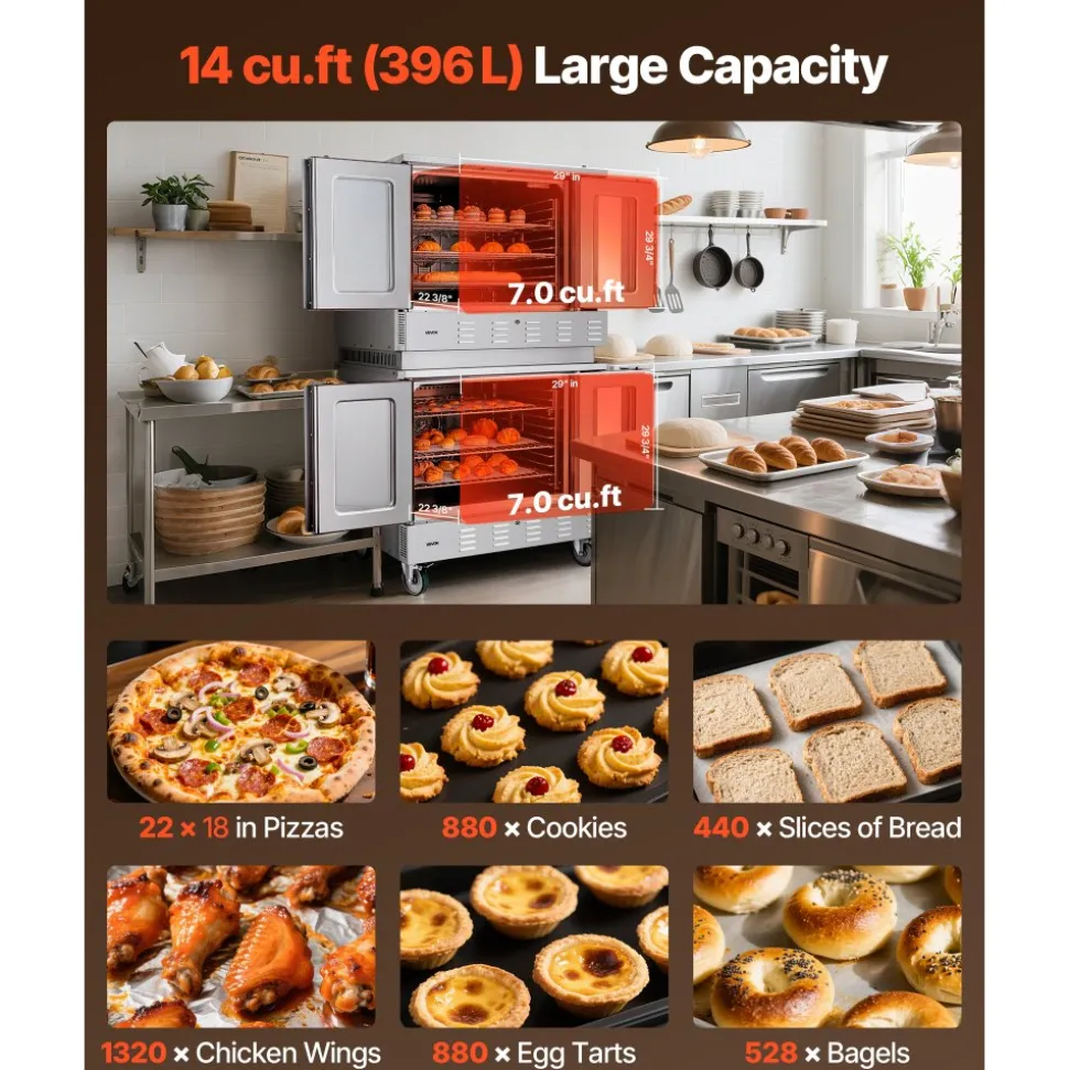 VEVOR Double Deck Gas Convection Oven, 14 cu.ft Full-Size Commercial Convection Oven, 40,000 BTU x 2 Powerful Burners, Natural Gas Commercial Ovens with Two Fan Modes, for Bakery, Restaurant & Kitchen