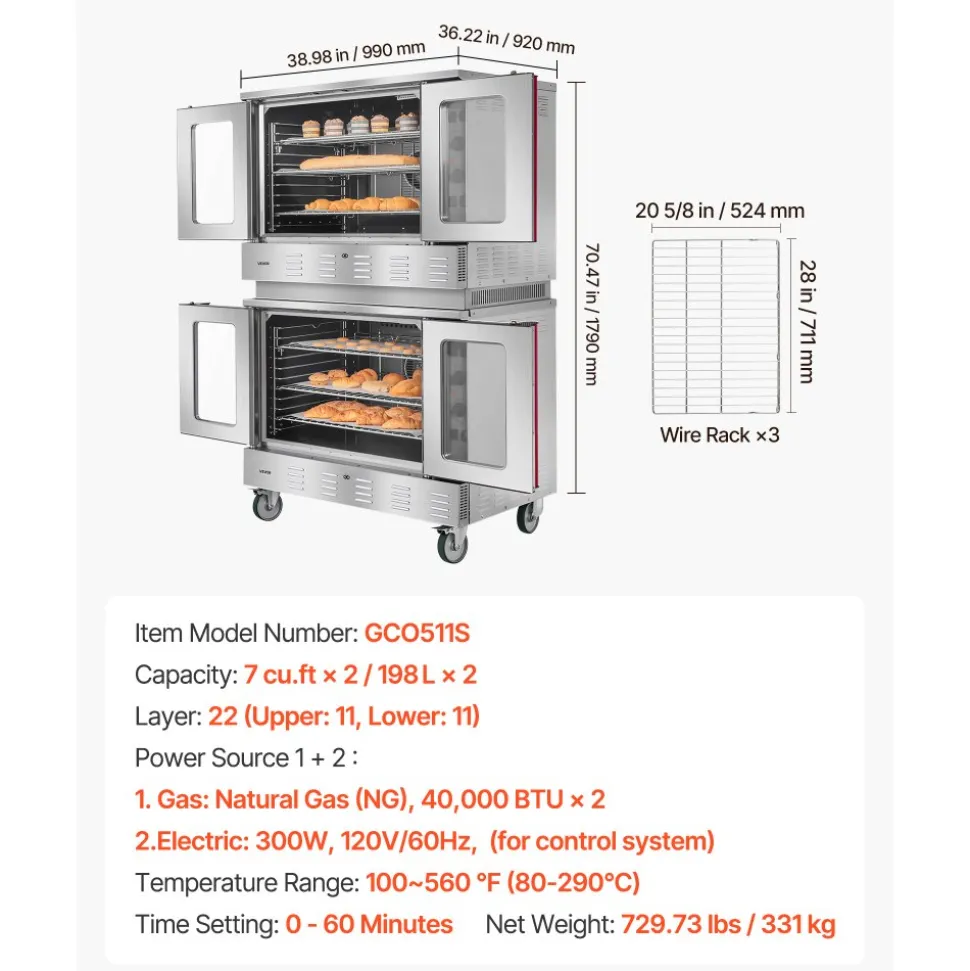 VEVOR Double Deck Gas Convection Oven, 14 cu.ft Full-Size Commercial Convection Oven, 40,000 BTU x 2 Powerful Burners, Natural Gas Commercial Ovens with Two Fan Modes, for Bakery, Restaurant & Kitchen