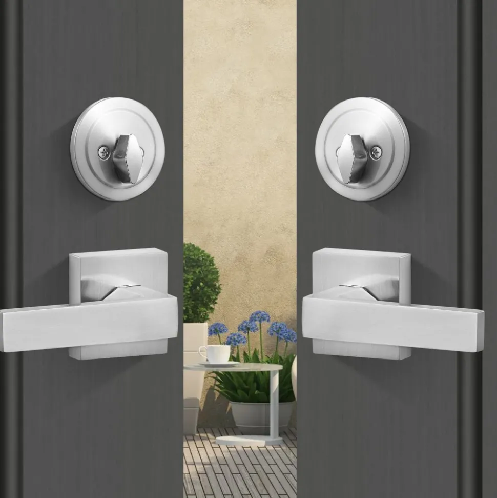 VEVOR Double Door Handle Set, Double Door Lock Set with Reversible Handle Lever, Satin Nickel Square Door Lever, Heavy Duty Double Front Door Handle Set with Dummy, for Front Door or Office Door