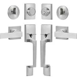 VEVOR Double Door Handle Set, Double Door Lock Set with Reversible Handle Lever, Satin Nickel Square Door Lever, Heavy Duty Double Front Door Handle Set with Dummy, for Front Door or Office Door