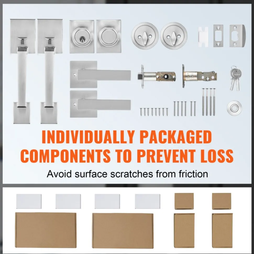 VEVOR Double Door Handle Set, Double Door Lock Set with Reversible Handle Lever, Satin Nickel Square Door Lever, Heavy Duty Double Front Door Handle Set with Dummy, for Front Door or Office Door