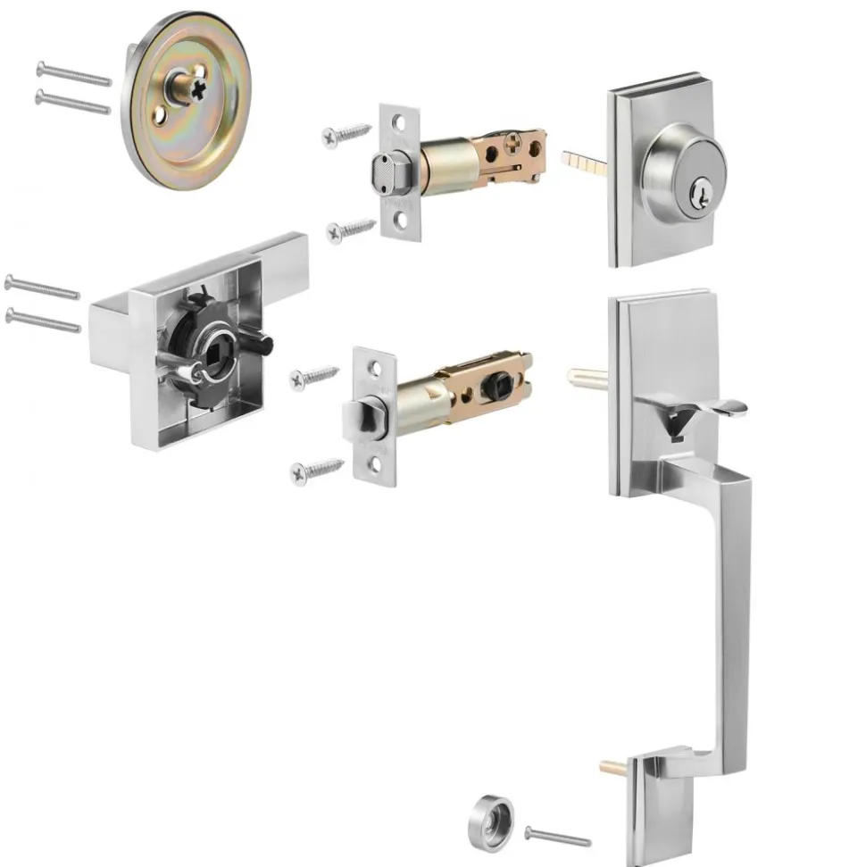 VEVOR Double Door Handle Set, Double Door Lock Set with Reversible Handle Lever, Satin Nickel Square Door Lever, Heavy Duty Double Front Door Handle Set with Dummy, for Front Door or Office Door