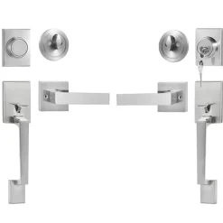 VEVOR Double Door Handle Set, Double Door Lock Set with Reversible Handle Lever, Satin Nickel Square Door Lever, Heavy Duty Double Front Door Handle Set with Dummy, for Front Door or Office Door