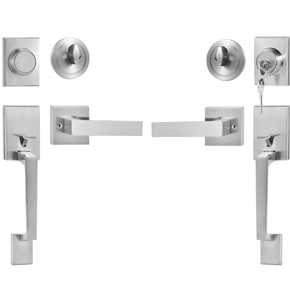 VEVOR Double Door Handle Set, Double Door Lock Set with Reversible Handle Lever, Satin Nickel Square Door Lever, Heavy Duty Double Front Door Handle Set with Dummy, for Front Door or Office Door