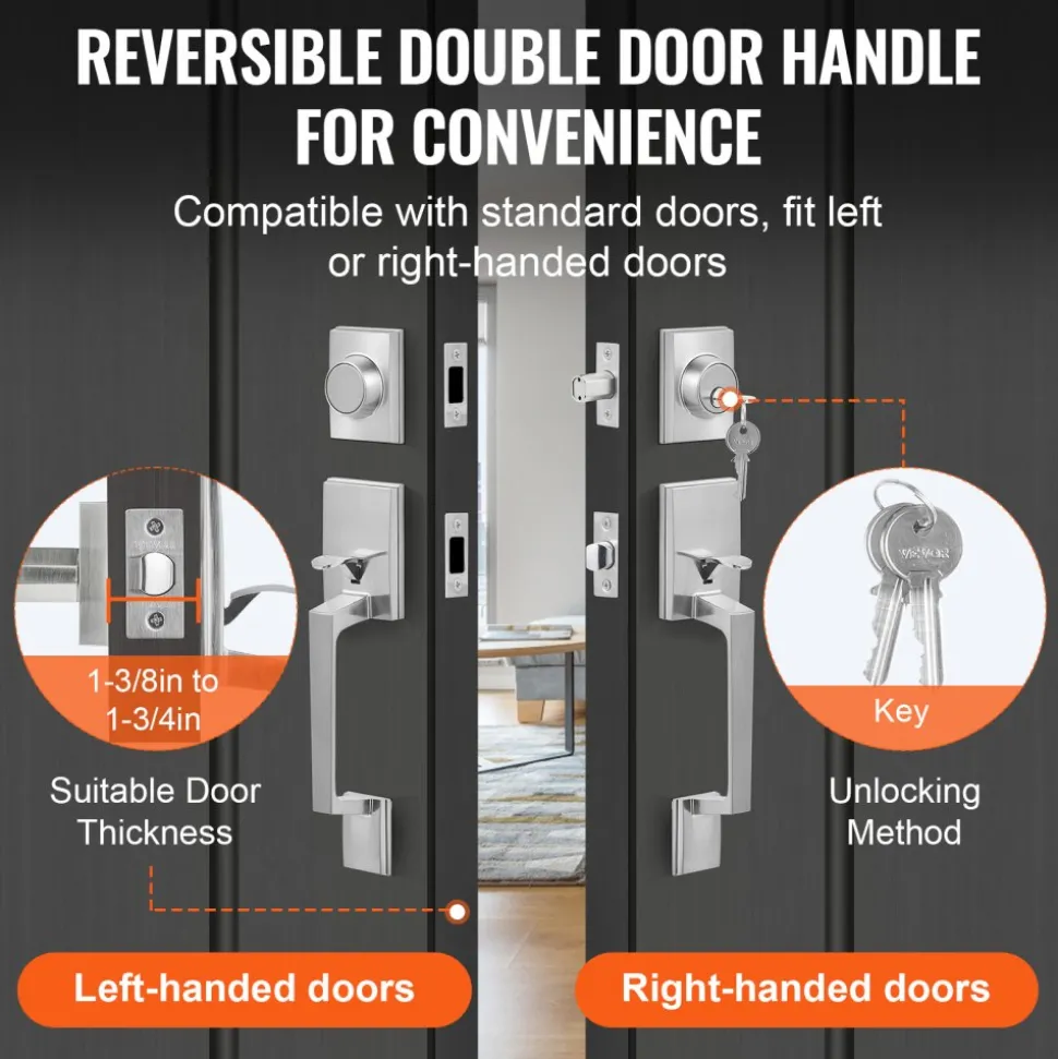 VEVOR Double Door Handle Set, Double Door Lock Set with Reversible Handle Lever, Satin Nickel Square Door Lever, Heavy Duty Double Front Door Handle Set with Dummy, for Front Door or Office Door