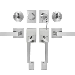 VEVOR Double Door Handle Set, Double Door Lock Set with Reversible Handle Lever, Satin Nickel Square Door Lever, Heavy Duty Double Front Door Handle Set with Dummy, for Front Door or Office Door