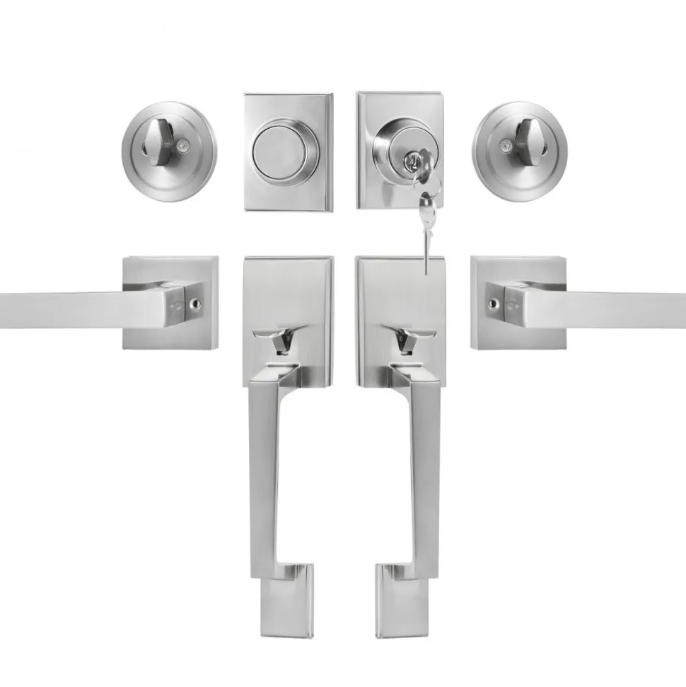 VEVOR Double Door Handle Set, Double Door Lock Set with Reversible Handle Lever, Satin Nickel Square Door Lever, Heavy Duty Double Front Door Handle Set with Dummy, for Front Door or Office Door
