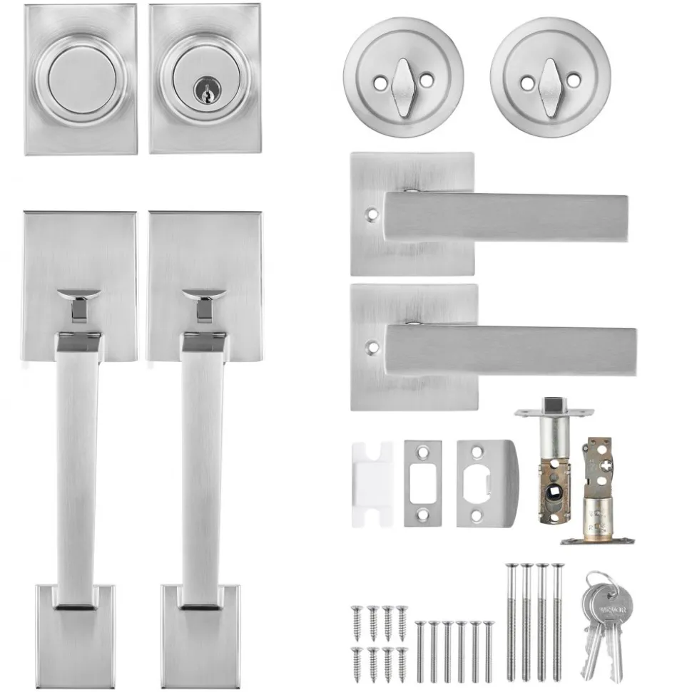VEVOR Double Door Handle Set, Double Door Lock Set with Reversible Handle Lever, Satin Nickel Square Door Lever, Heavy Duty Double Front Door Handle Set with Dummy, for Front Door or Office Door