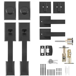 VEVOR Double Door Handle Set, Matte Black Arched Door Lever, Double Front Door Handle Set with Reversible Handle Lever, Heavy Duty Double Door Lock Set with Dummy, for Office Door or Front Door