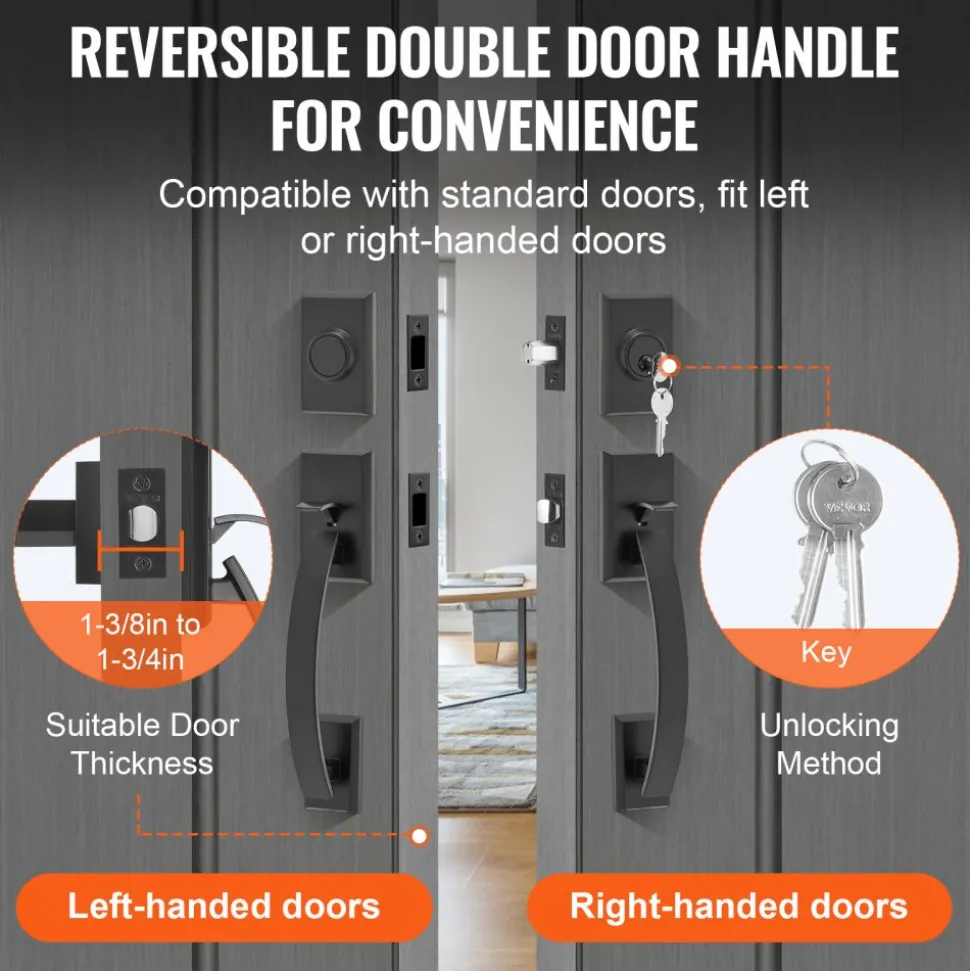VEVOR Double Door Handle Set, Matte Black Arched Door Lever, Double Front Door Handle Set with Reversible Handle Lever, Heavy Duty Double Door Lock Set with Dummy, for Office Door or Front Door
