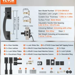VEVOR Double Door Handle Set, Matte Black Arched Door Lever, Double Front Door Handle Set with Reversible Handle Lever, Heavy Duty Double Door Lock Set with Dummy, for Office Door or Front Door