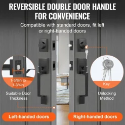 VEVOR Double Door Handle Set, Matte Black Square Door Lever, Double Front Door Handle Set with Reversible Handle Lever, Heavy Duty Double Door Lock Set with Dummy, for Office Door or Front Door